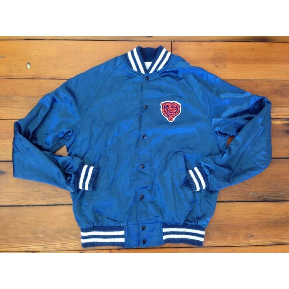 Vintage 80s Chicago Bears NFL Shiny Nylon Baseball Patch Mascot Jacket 45" M USA